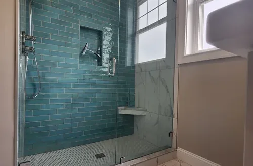 Teal subway tile shower in Southbury, CT